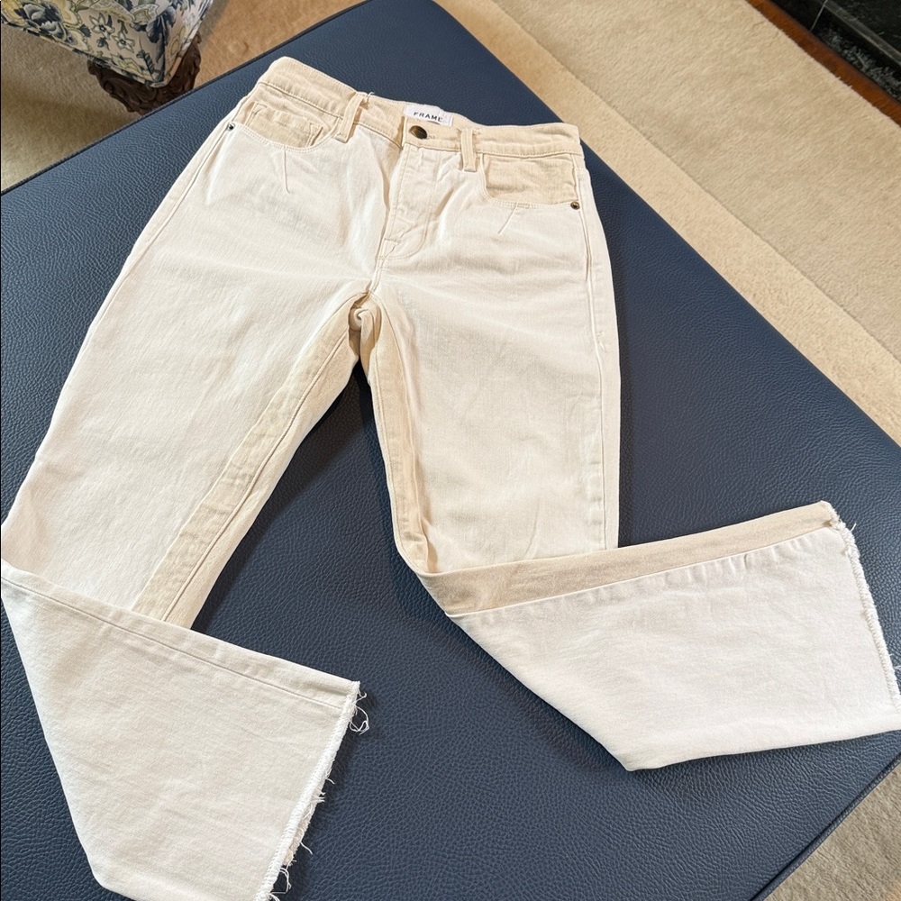 Frame Denim Le Crop Mini Boot Off-White with tan inserts Jeans Size 27 EUC